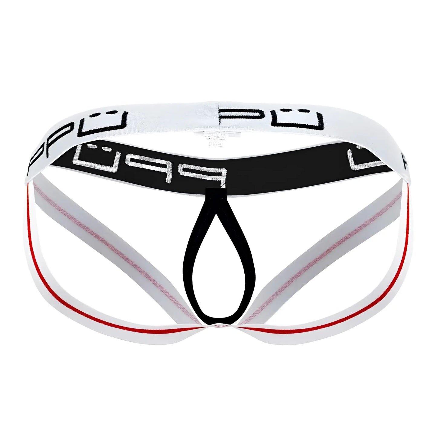 White and black athletic ball lifter jockstrap with red trim and bold pup logo on waistband ppu 2304