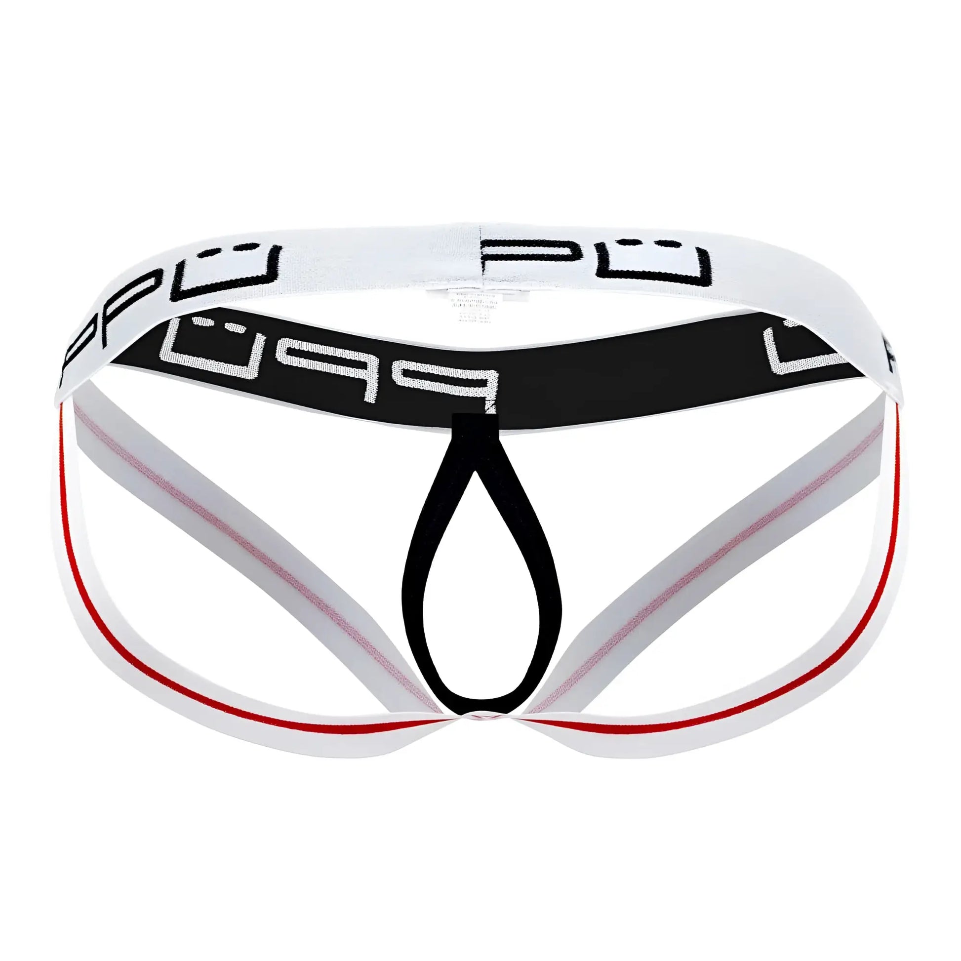 White and black athletic ball lifter jockstrap with red trim and bold pup logo on waistband ppu 2304