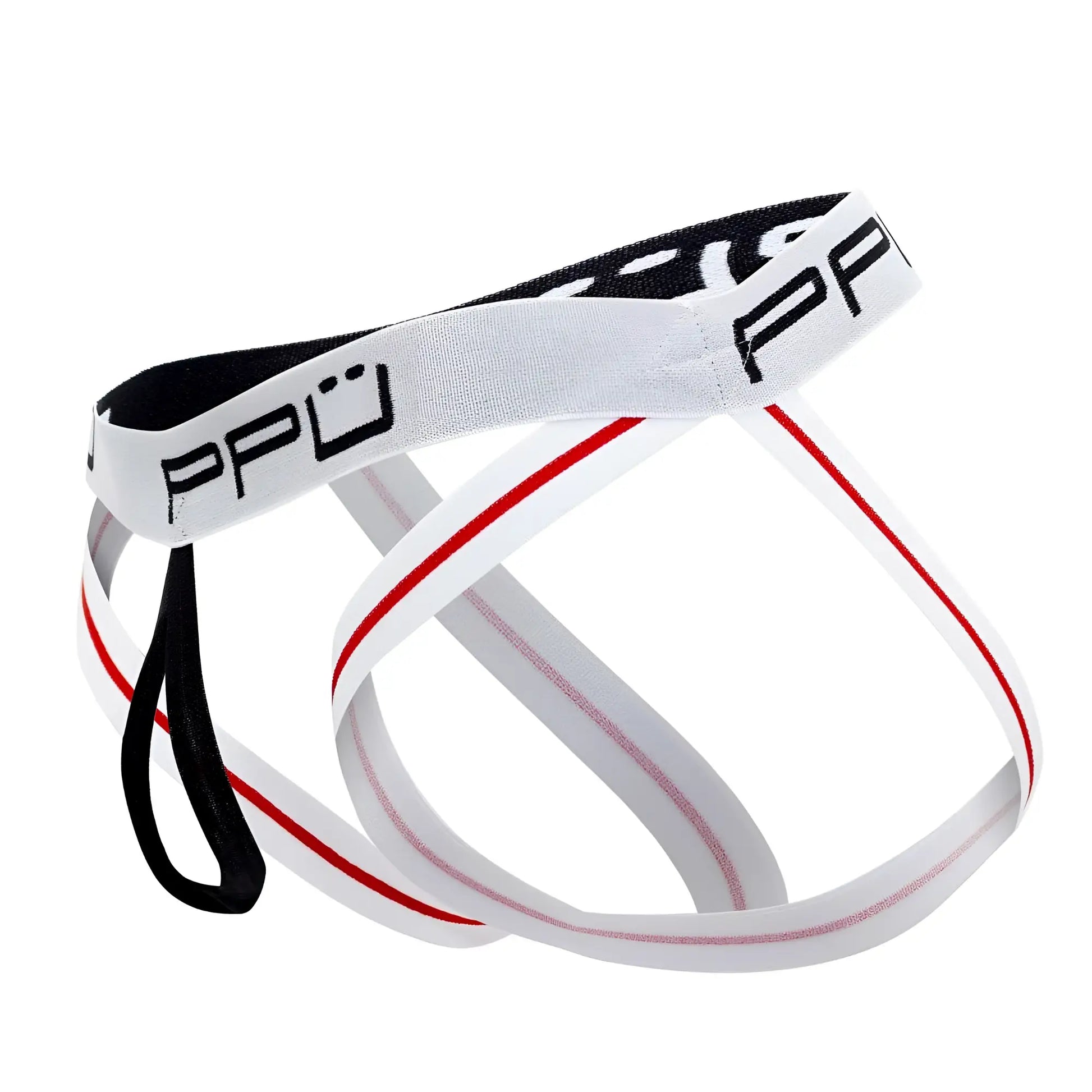 White and red striped ppu 2304 ball lifter jockstrap with black elastic band for athletic support
