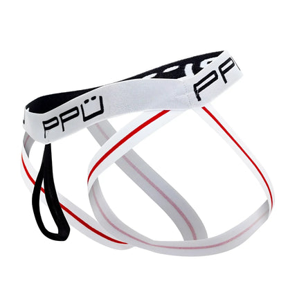 White and red striped ppu 2304 ball lifter jockstrap with black elastic band for athletic support