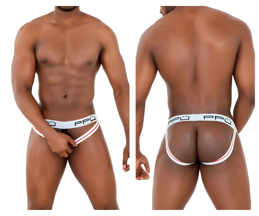 White and red striped ppü 2304 ball lifter jockstrap with elastic waistband for support and comfort
