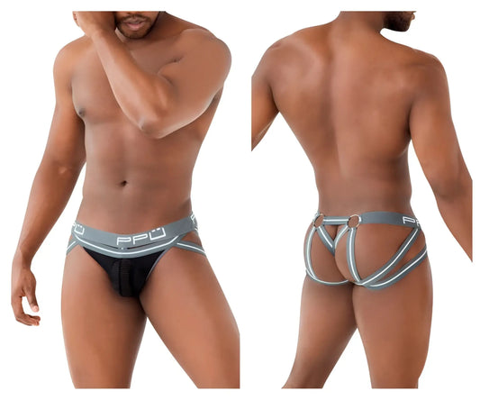 Ppu 2305 mesh jockstrap in gray with black and gray briefs featuring a mesh front panel and elastic waistband