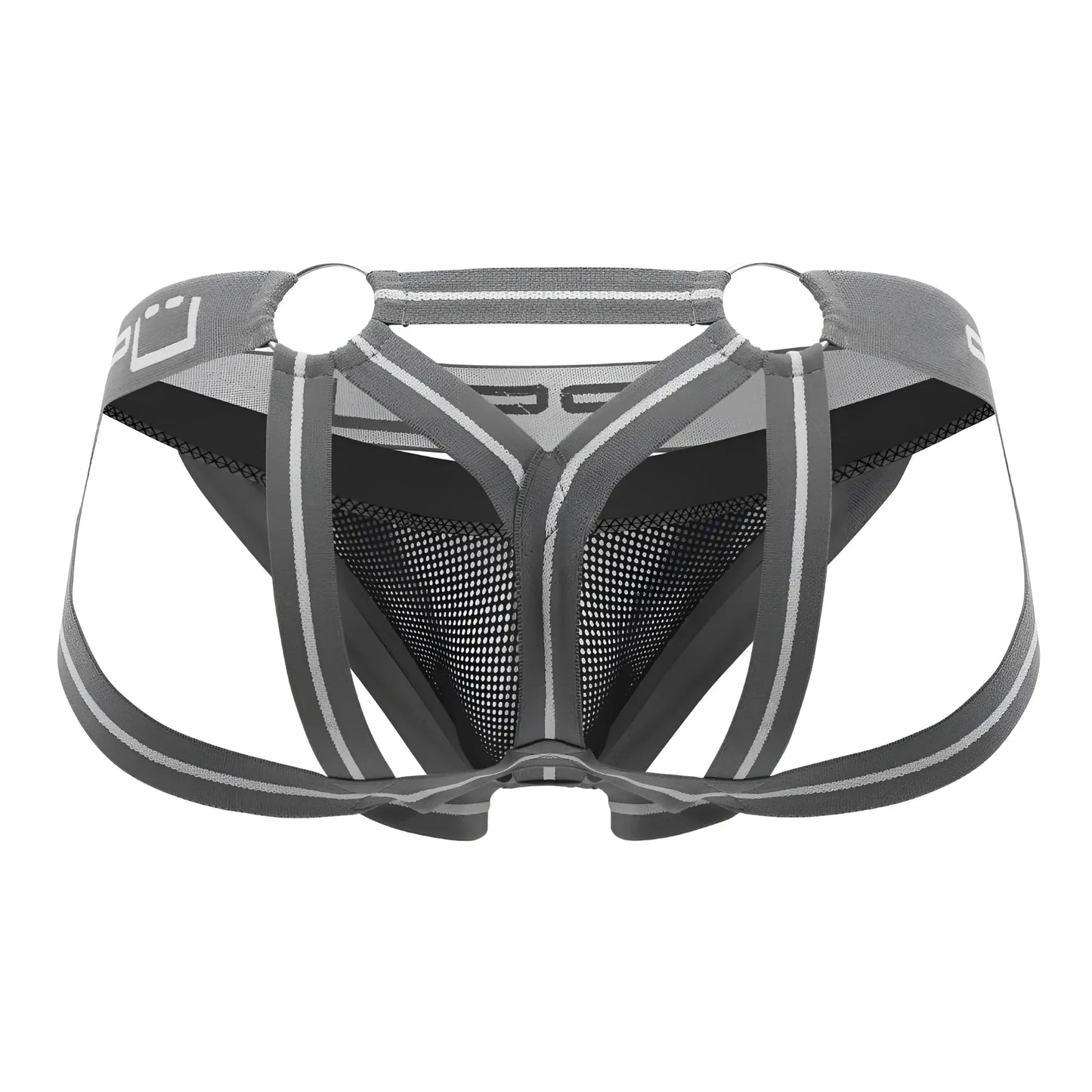 Ppu 2305 mesh jockstrap in gray featuring gray and black mesh briefs with a supportive strappy design and reflective stripes
