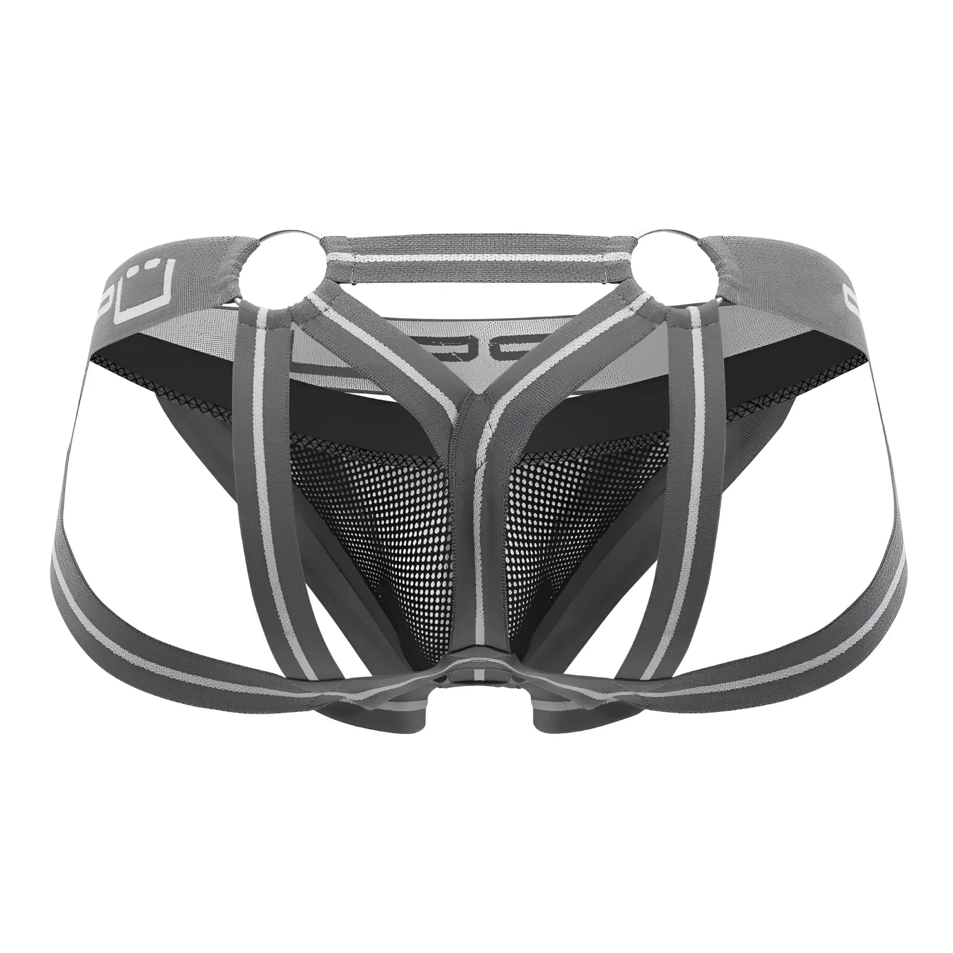 Ppu 2305 mesh jockstrap in gray featuring gray and black mesh briefs with a supportive strappy design and reflective stripes