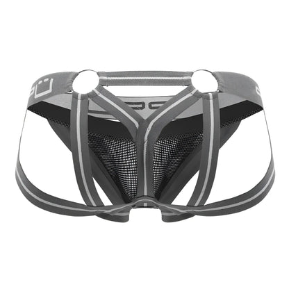 Ppu 2305 mesh jockstrap in gray featuring gray and black mesh briefs with a supportive strappy design and reflective stripes