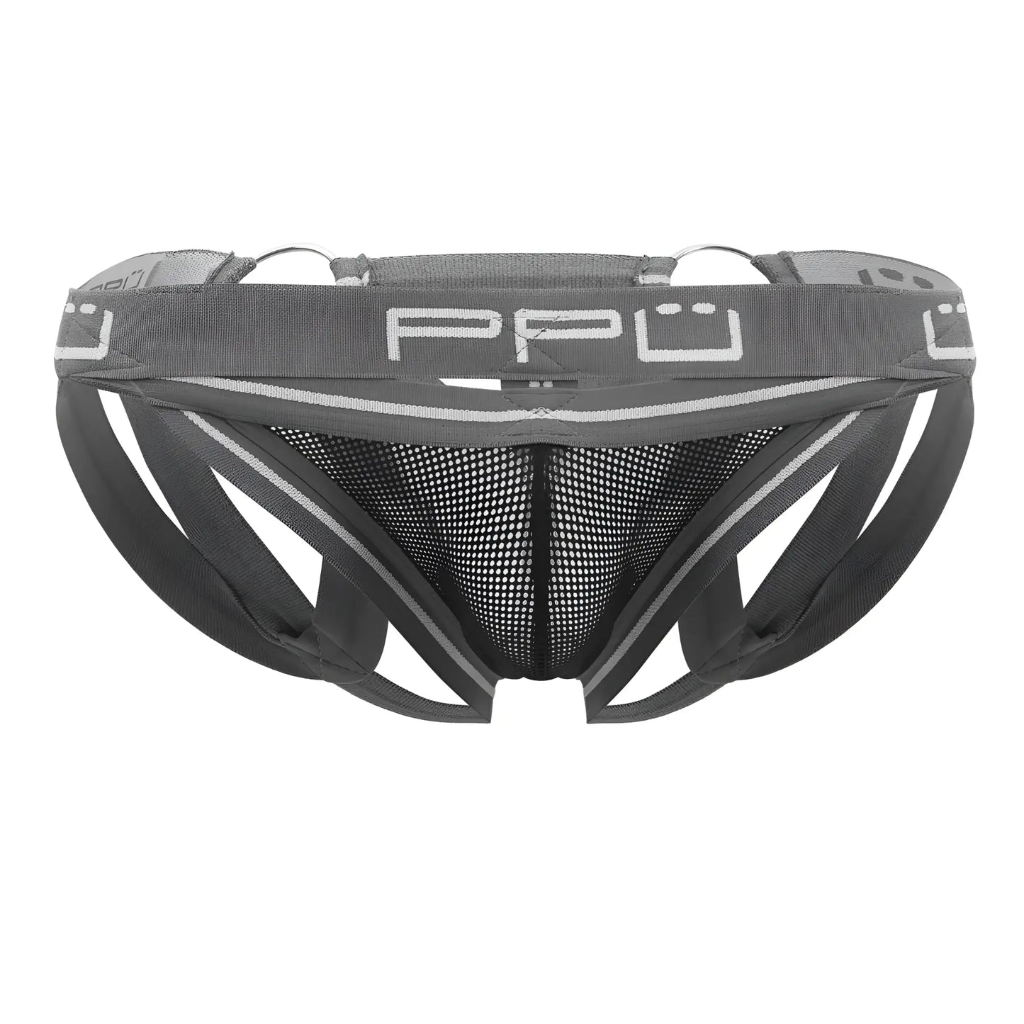Gray ppu 2305 mesh jockstrap with supportive structured design and silver trim accents in men’s breathable briefs
