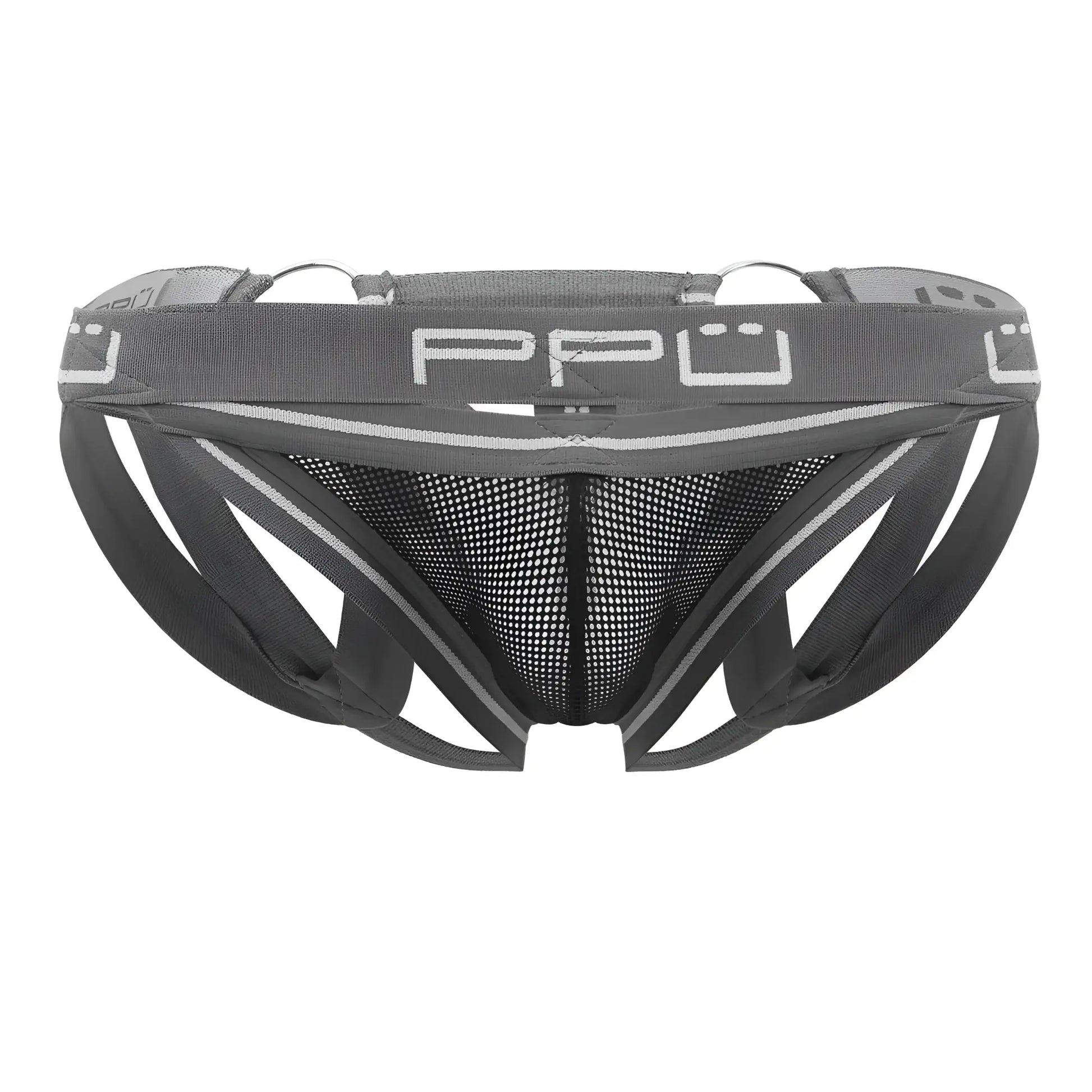 Gray ppu 2305 mesh jockstrap with supportive structured design and silver trim accents in men’s breathable briefs