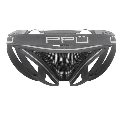 Gray ppu 2305 mesh jockstrap with supportive structured design and silver trim accents in men’s breathable briefs