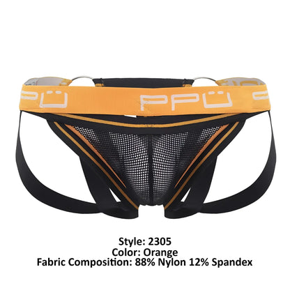 Ppu 2305 mesh jockstrap in orange with black straps and yellow waistband featuring ppu logo front view