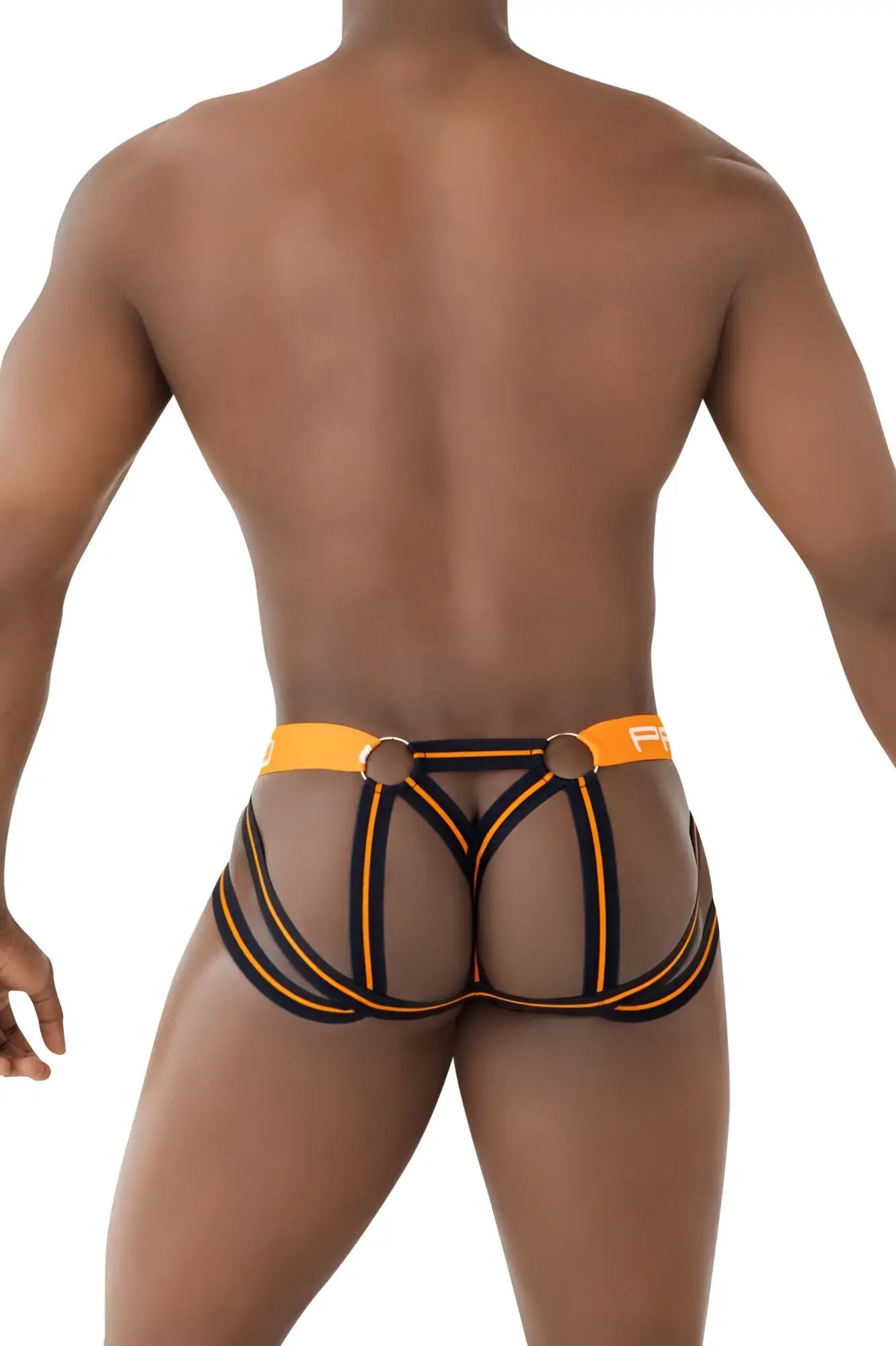 Ppu 2305 mesh jockstrap in orange featuring bold strappy design and breathable mesh briefs front view