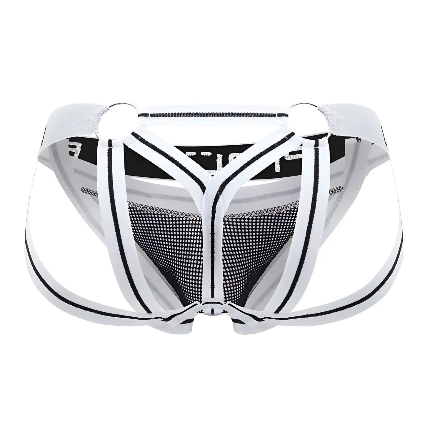 Ppu 2305 mesh jockstrap in white featuring black mesh fabric and a supportive strappy athletic design