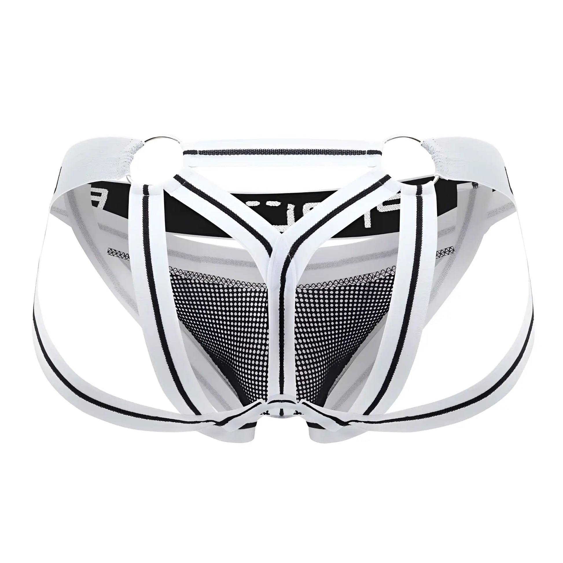 Ppu 2305 mesh jockstrap in white featuring black mesh fabric and a supportive strappy athletic design