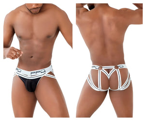 Ppu 2305 mesh jockstrap white with black and white striped briefs and mesh front panel with branded waistband