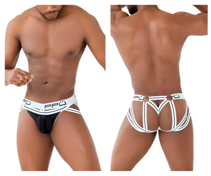 Ppu 2305 mesh jockstrap white with black and white striped briefs and mesh front panel with branded waistband
