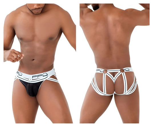 Ppu 2305 mesh jockstrap white with black and white striped briefs and mesh front panel with branded waistband