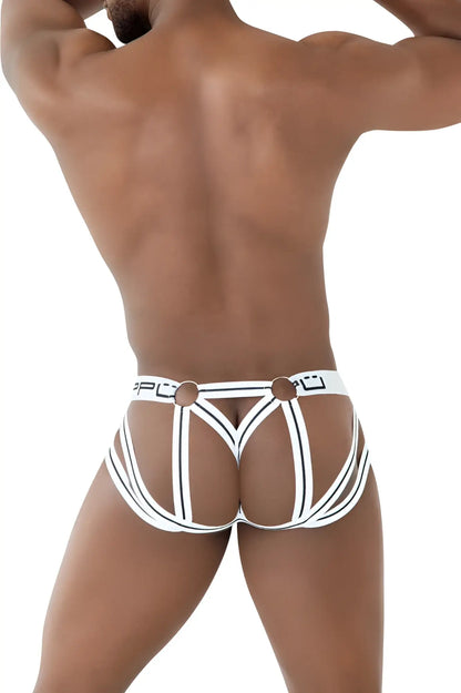 Back view of ppu 2305 mesh jockstrap in white with black stripes and strappy design featuring a central back panel