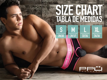 Ppu 2305 mesh jockstrap in white featuring pink and black athletic briefs with a bold contrasting design