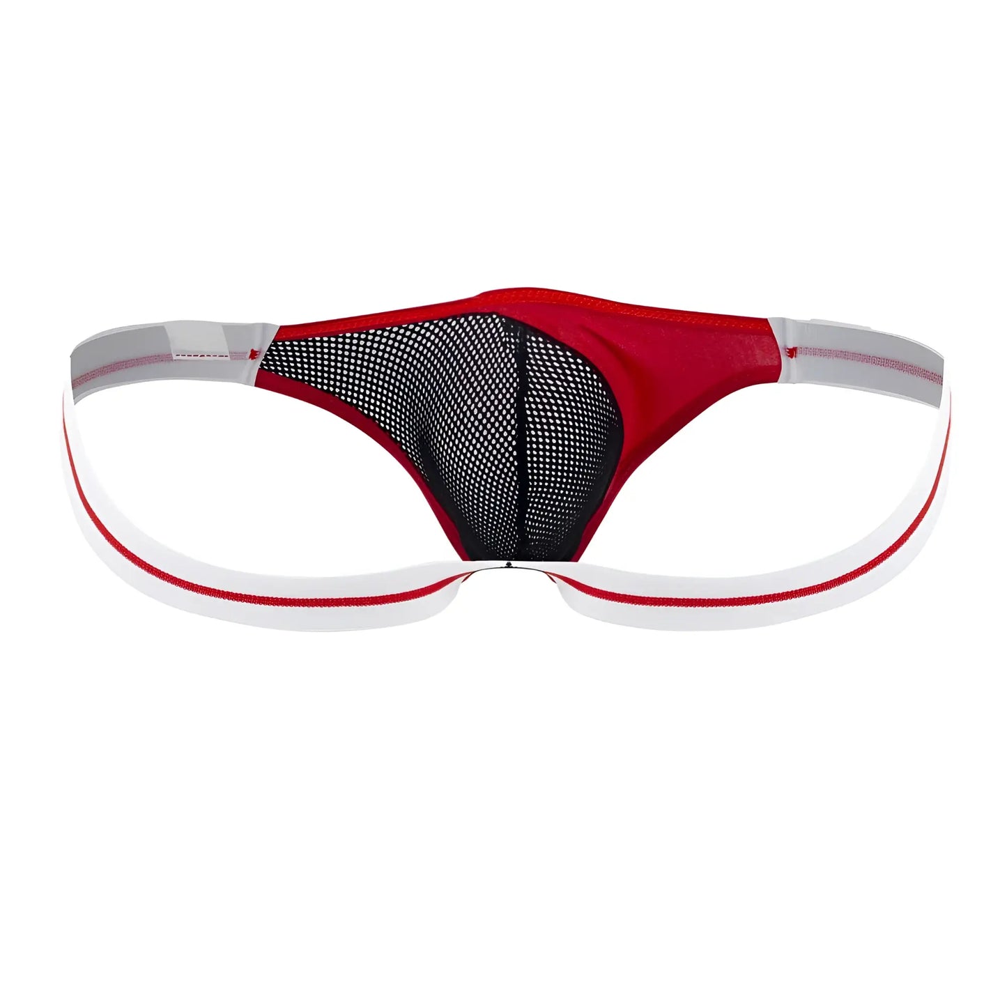 Ppu 2306 red thong with black mesh fabric and white elastic waistband showing front view