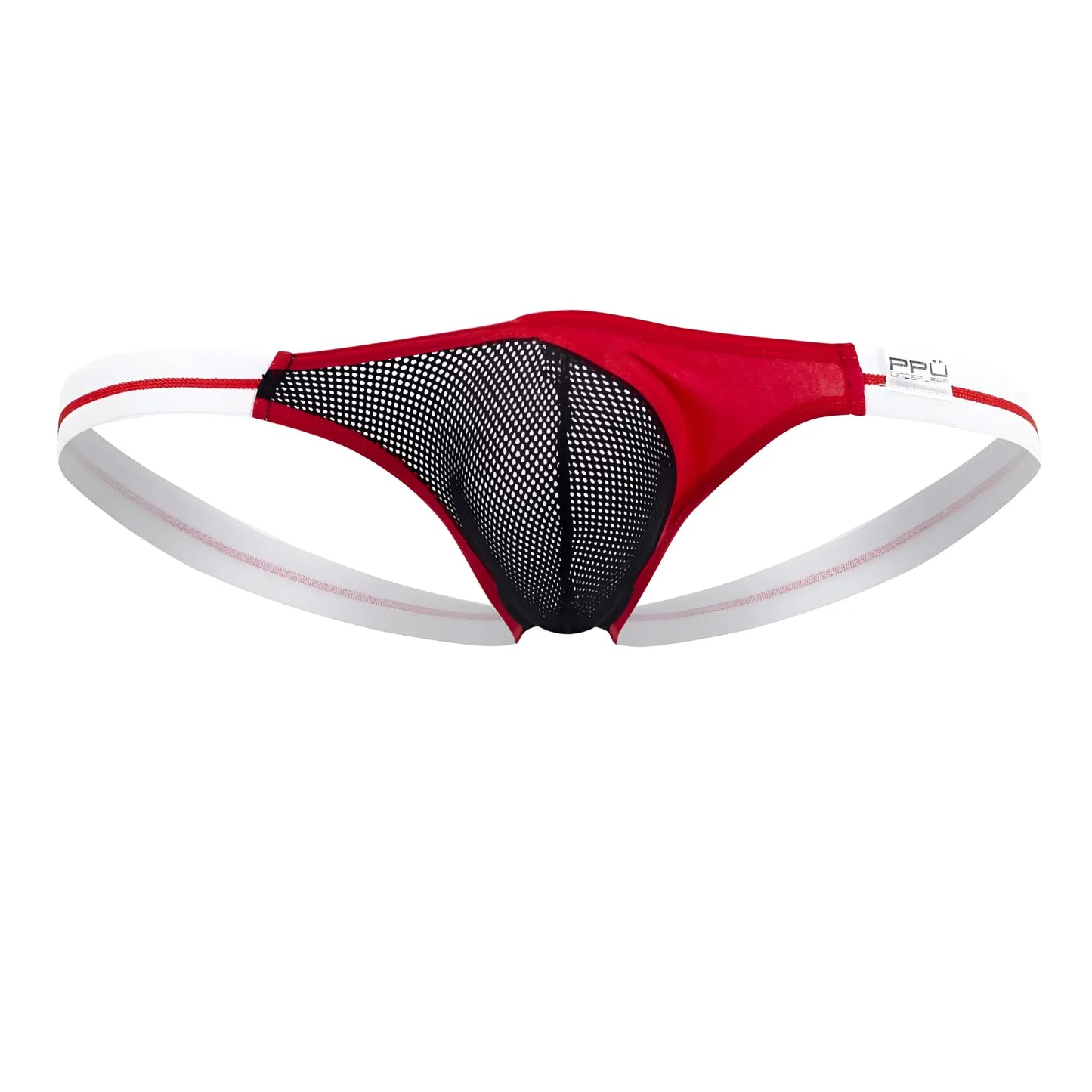 Red and black mesh PPU 2306 thong with white elastic waistband and branded label on the side