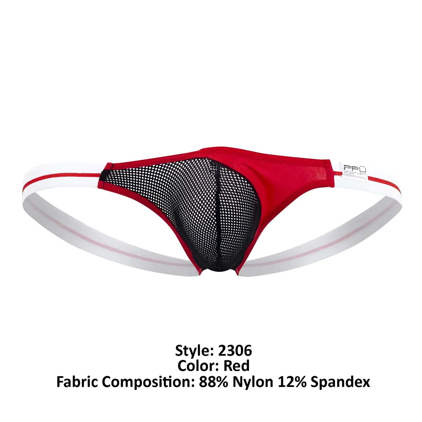 Red and black mesh thong with white elastic waistband and branded label on the side ppu 2306 color red