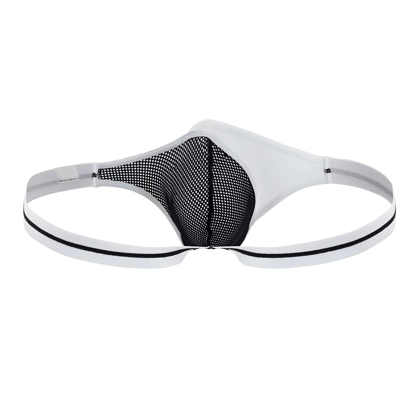 Ppu 2306 thong in white featuring black and white mesh with elastic waistband front view