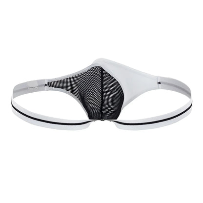 Ppu 2306 thong in white featuring black and white mesh with elastic waistband front view