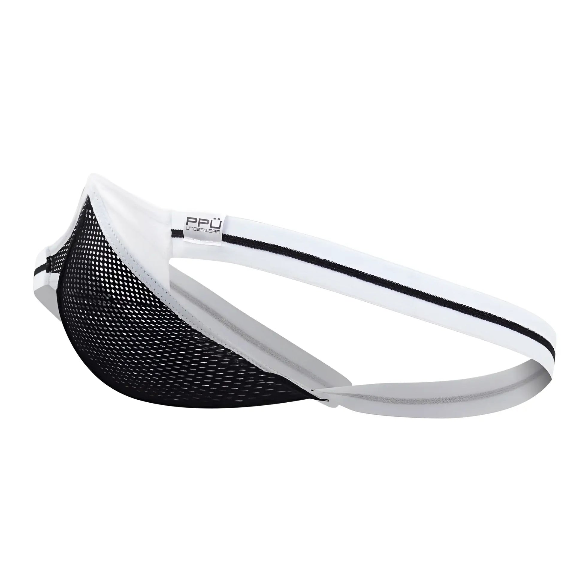 Black mesh thong with white elastic waistband and gray lining featuring ppü brand tag in white color PPU 2306 model