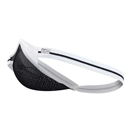 Black mesh thong with white elastic waistband and gray lining featuring ppü brand tag in white color PPU 2306 model