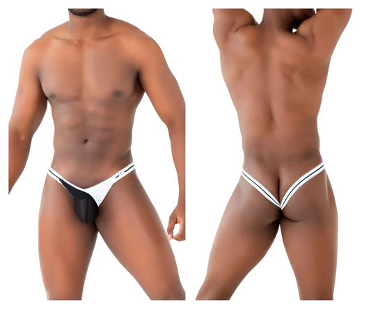 White and black mesh thong with thin white trim ppu 2306 thong or jockstrap in white shown from the back