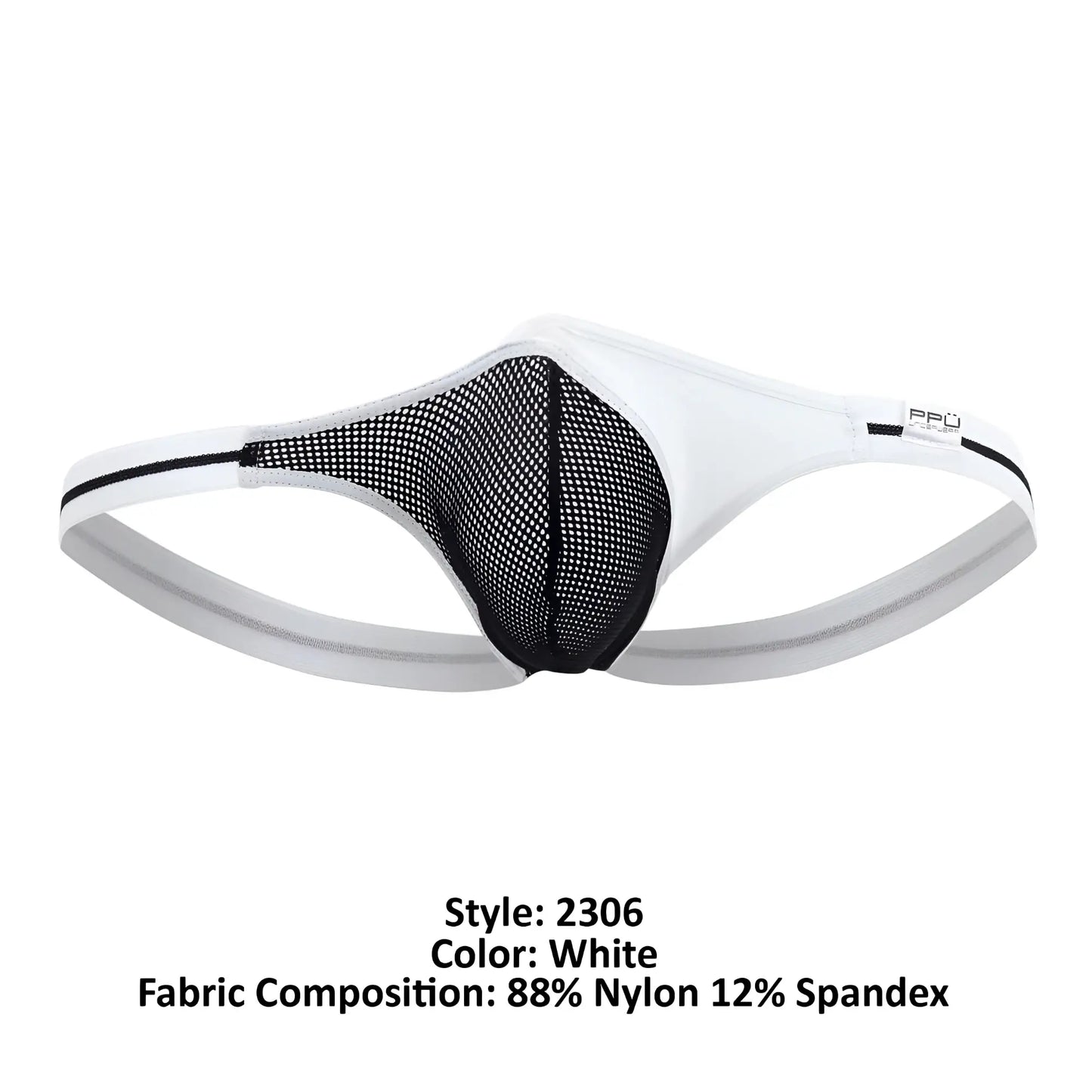 White mens thong with black mesh panel and gray elastic waistband featuring the PPU brand logo in white color