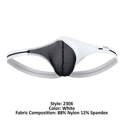 White mens thong with black mesh panel and gray elastic waistband featuring the PPU brand logo in white color