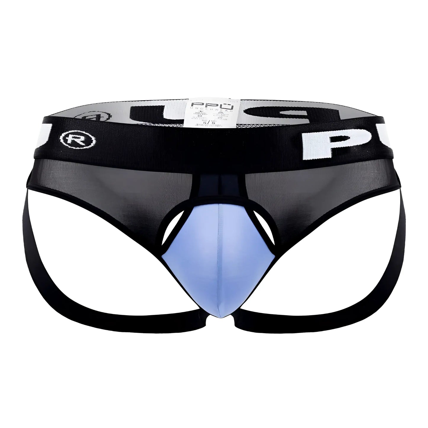Blue ppu 2307 ball lifter jockstrap with black and light blue mesh briefs and a bold pro logo waistband