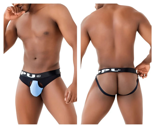 Black and light blue pu ppu 2307 ball lifter jockstrap briefs with supportive contoured design