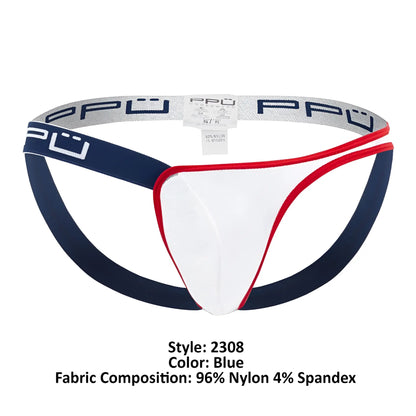 Blue and white athletic briefs with red trim and branded elastic waistband in ppu 2308 one side mesh jockstrap color blue