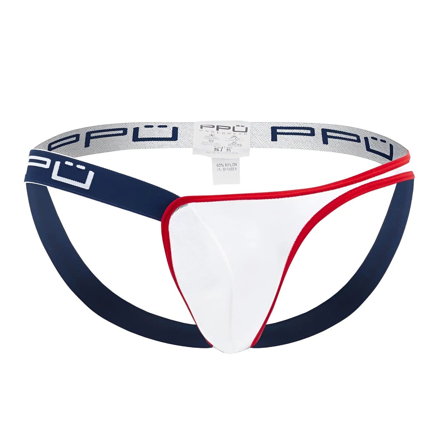 White navy blue and red men’s briefs with branded elastic waistband for ppu 2308 one side mesh jockstrap color blue