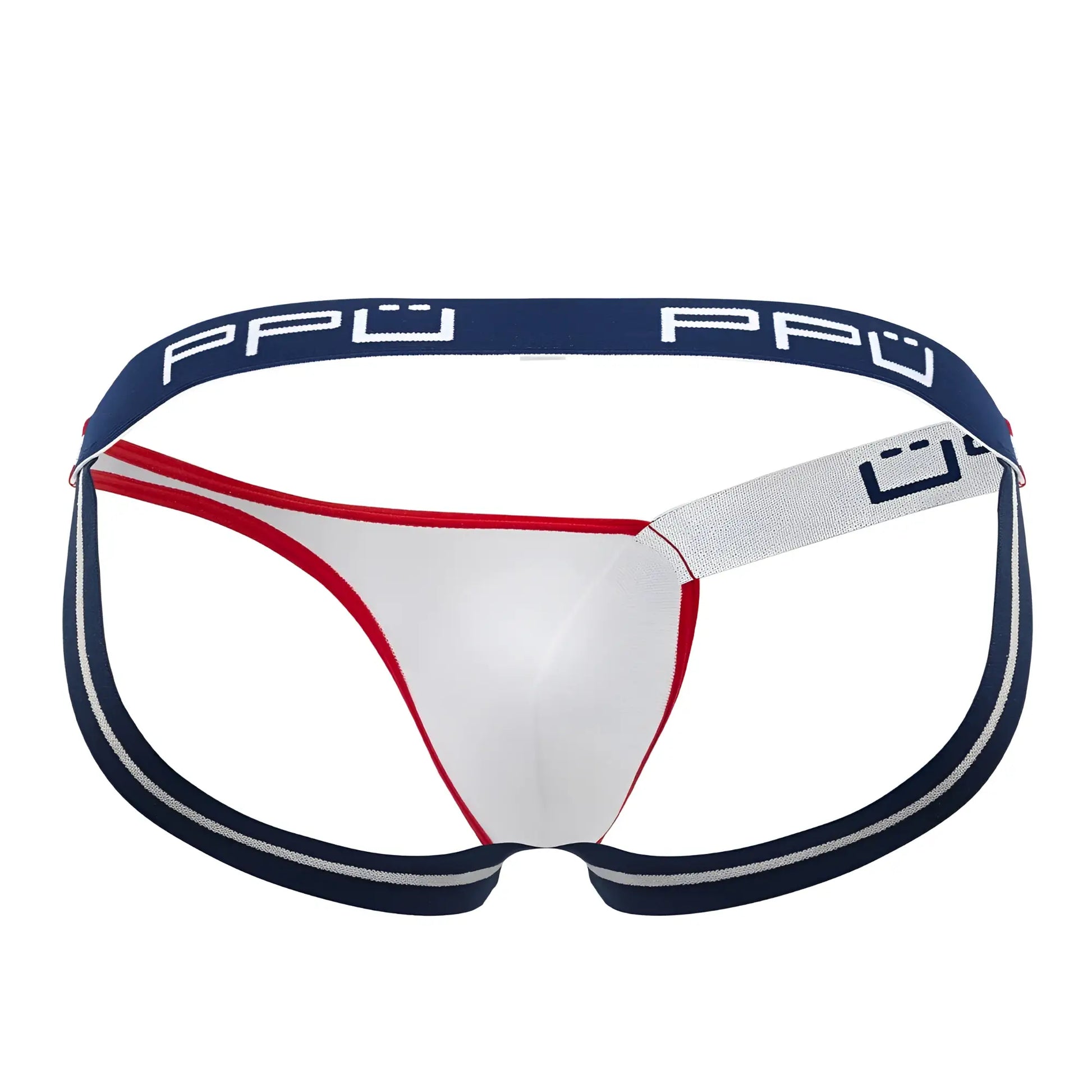 Ppu 2308 one side mesh jockstrap in white red and navy blue with textured waistband showing front side