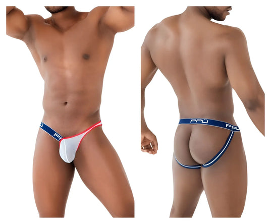 Ppu 2308 one side mesh jockstrap in blue with white and red thong and blue elastic waistband featuring ppu branding