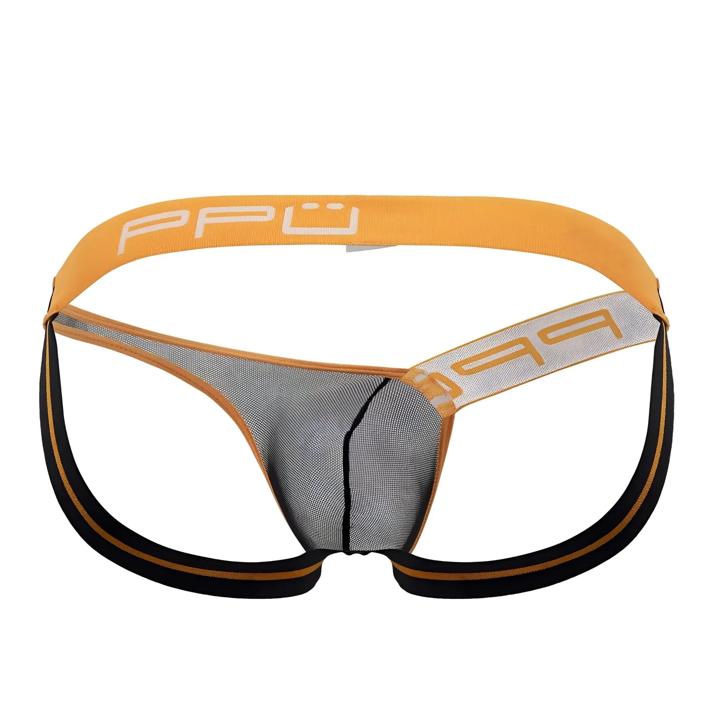 Ppu 2308 one side mesh jockstrap in orange with black mesh and white ppu logo on waistband