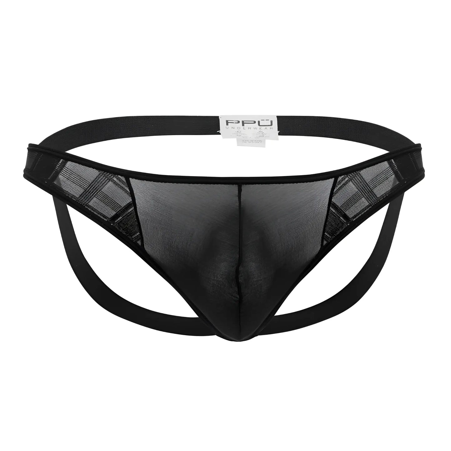 Black microfiber jockstrap ppu 2309 with mesh thong design, solid elastic waistband, and plaid side panels