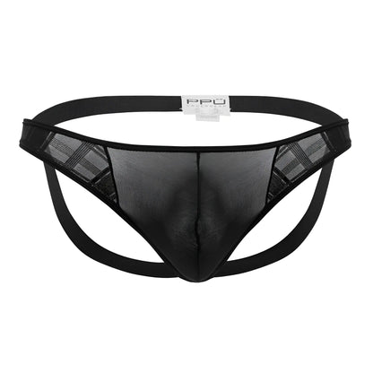Black microfiber jockstrap ppu 2309 with mesh thong design, solid elastic waistband, and plaid side panels