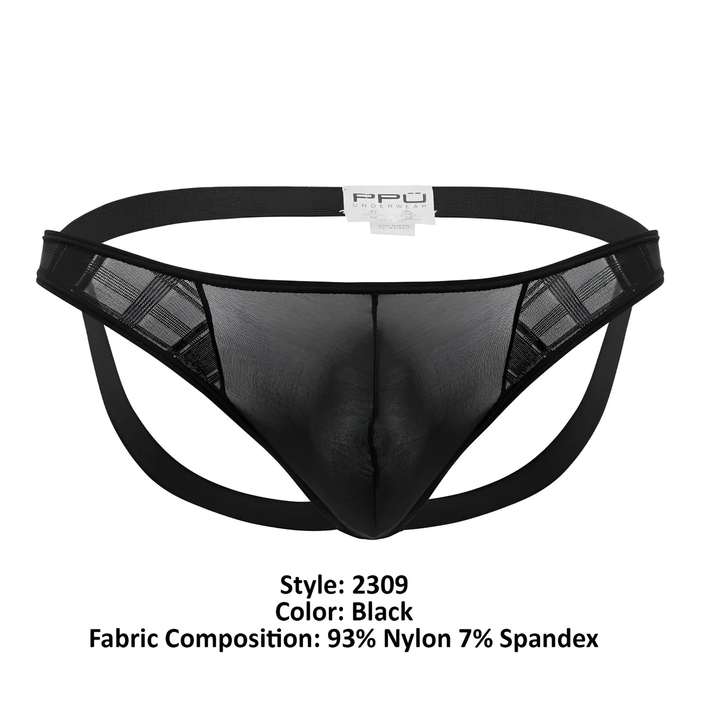 Black microfiber jockstrap with a black elastic waistband and subtle plaid mesh thong front in color black