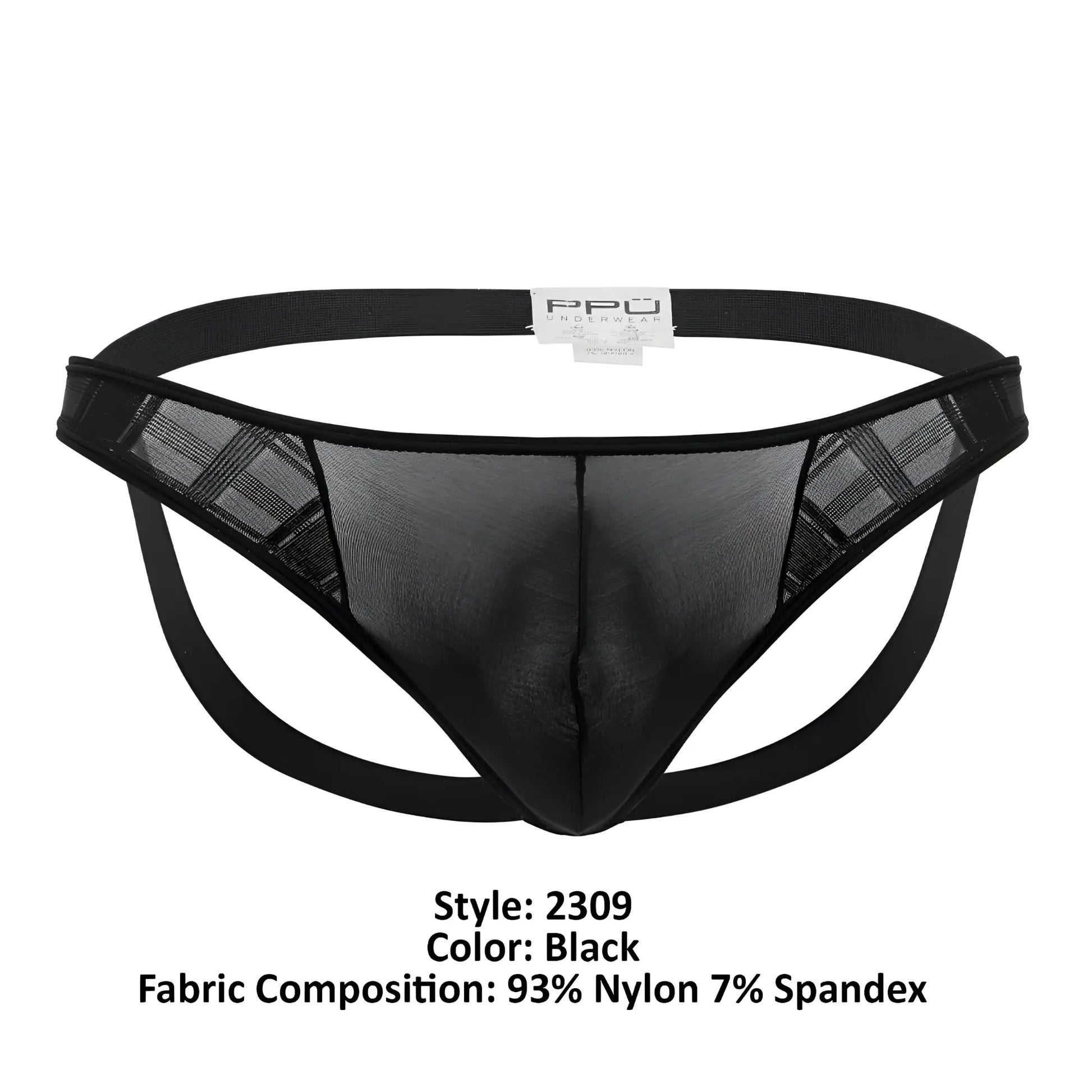 Black microfiber jockstrap with a black elastic waistband and subtle plaid mesh thong front in color black