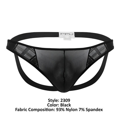 Black microfiber jockstrap with a black elastic waistband and subtle plaid mesh thong front in color black