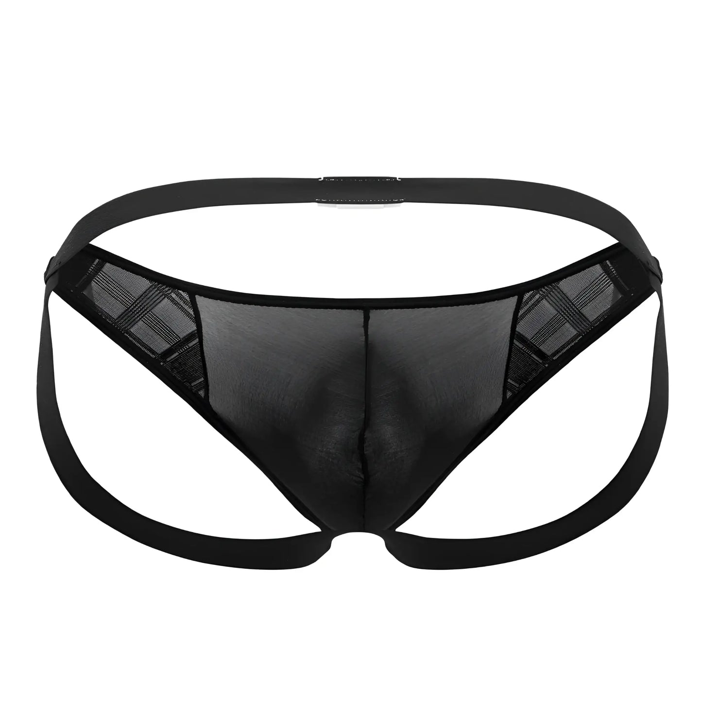 Black sheer mesh thong with plaid sides and solid black waistband from ppu 2309 microfiber jockstrap collection