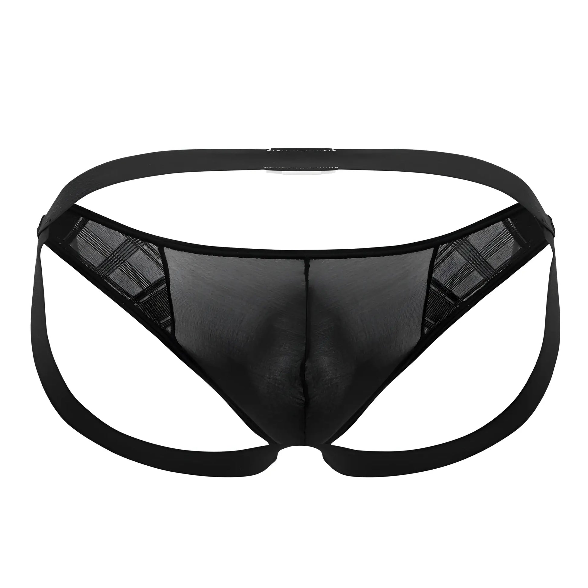 Black sheer mesh thong with plaid sides and solid black waistband from ppu 2309 microfiber jockstrap collection