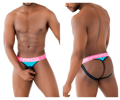 Bright pink and turquoise ball lifter and thong jockstrap with black trim and bold Spu logo on waistband