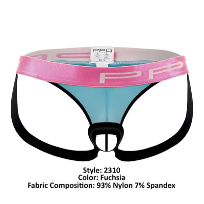 Fuchsia men’s ball lifter and thong jockstrap with pink waistband white pp branding and black side straps