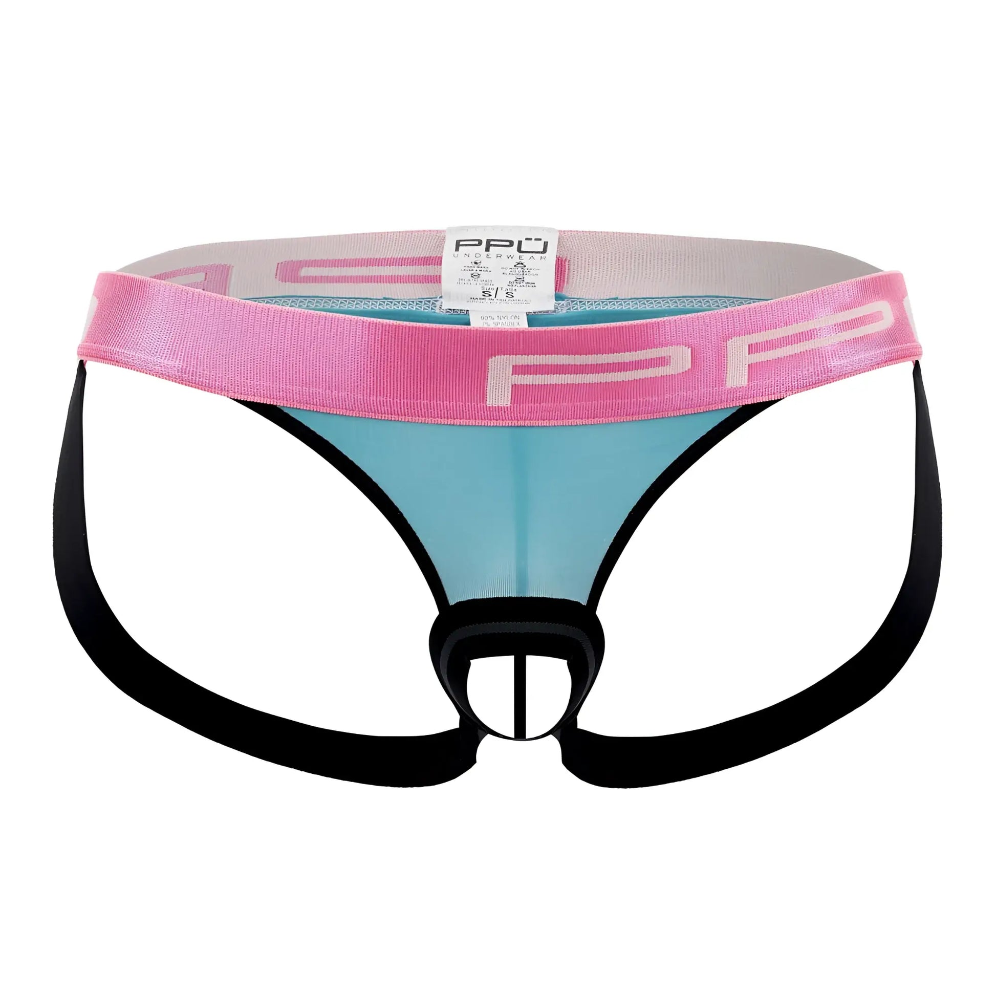 Pink and light blue ball lifter briefs with black side straps and fuchsia branded waistband by ppu 2310