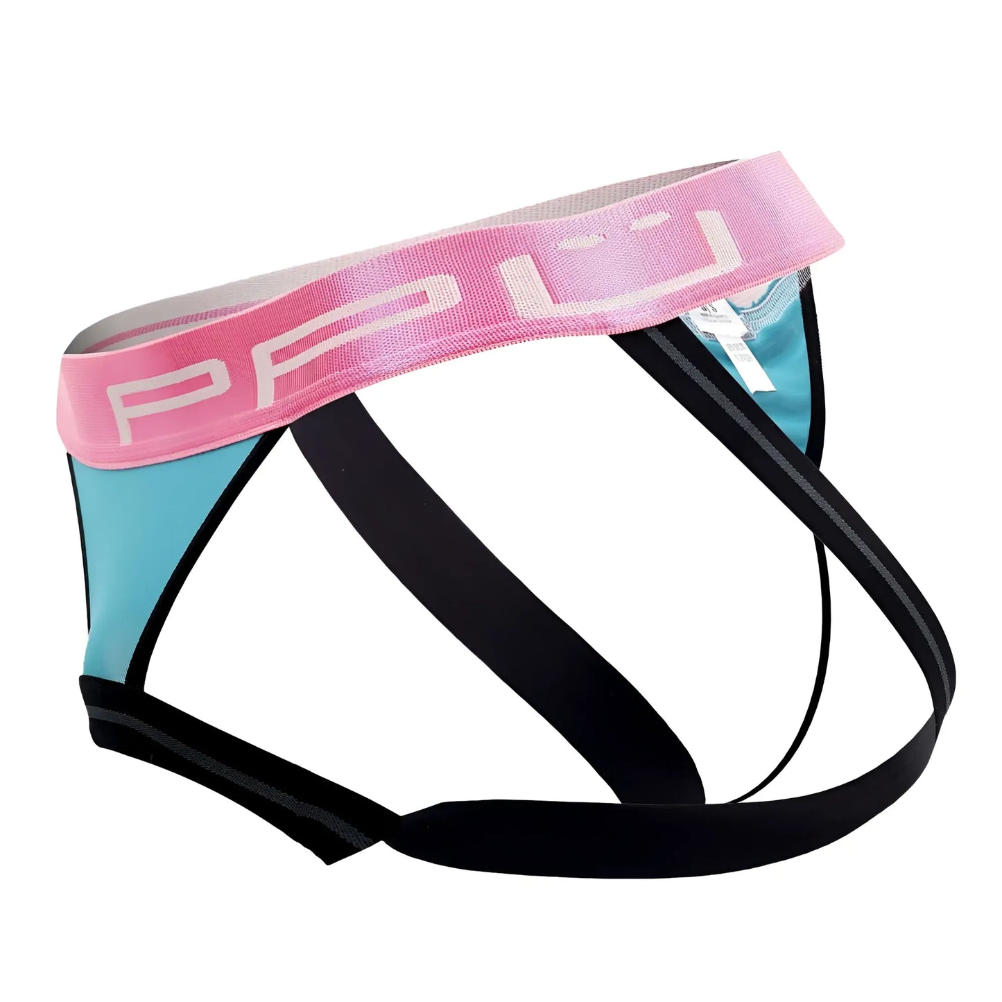 Pink and teal PPU 2310 ball lifter and thong jockstrap with black straps and branded waistband shown from the back