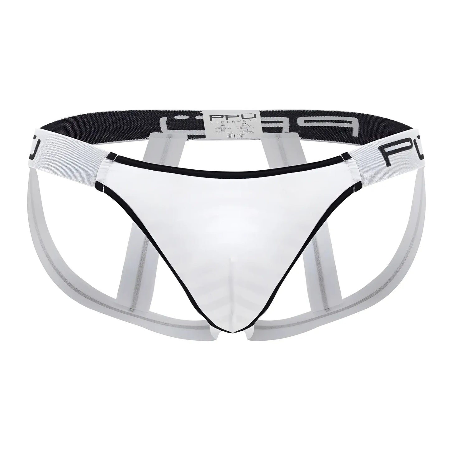 Clear transparent mens microfiber briefs with black trim and white elastic waistband featuring ppu logo in white